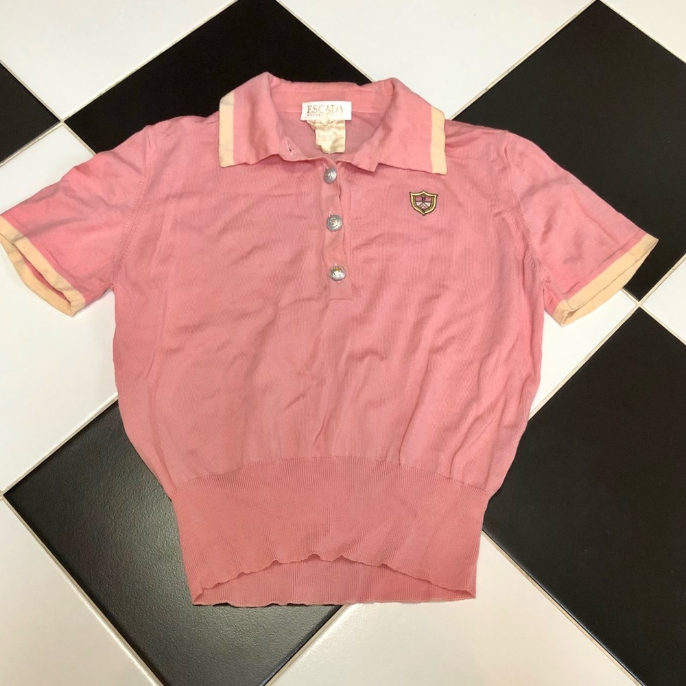 Vintage 80s 90s ESCADA Sweater Soft Merino Wool Polo Shirt Embroidered Preppy M